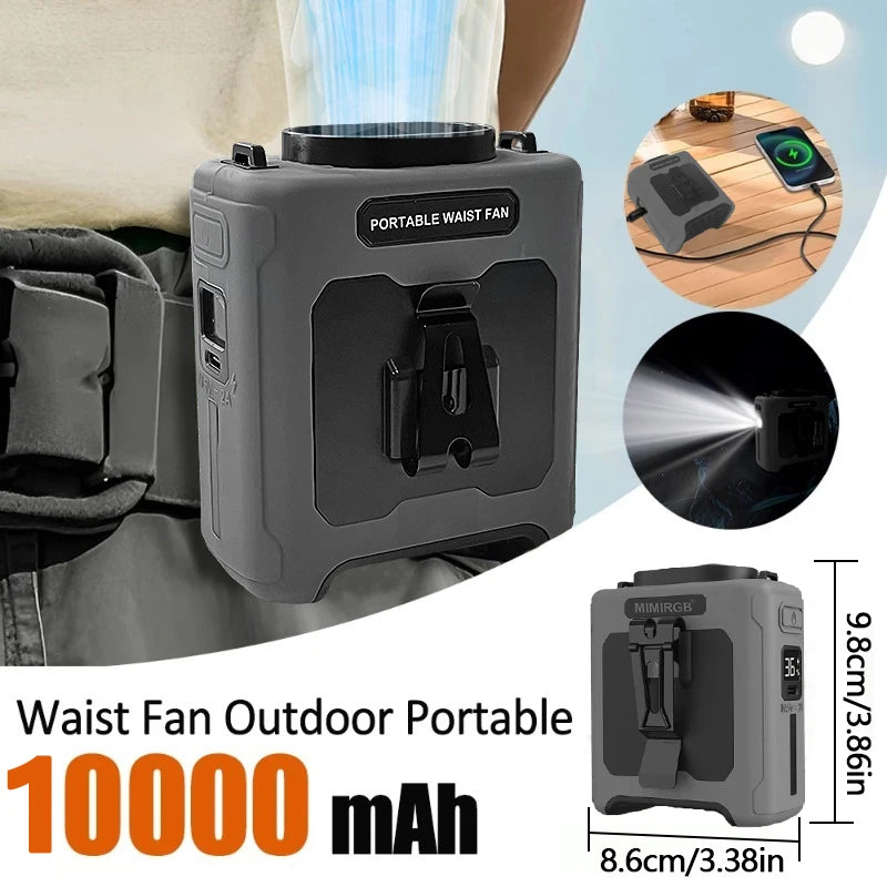 10000mAh Portable Neck Fan Cooling Rechargeable Hands-free Waist Clip Fan with Flashlight for Outdoor Travel Camping Power Bank