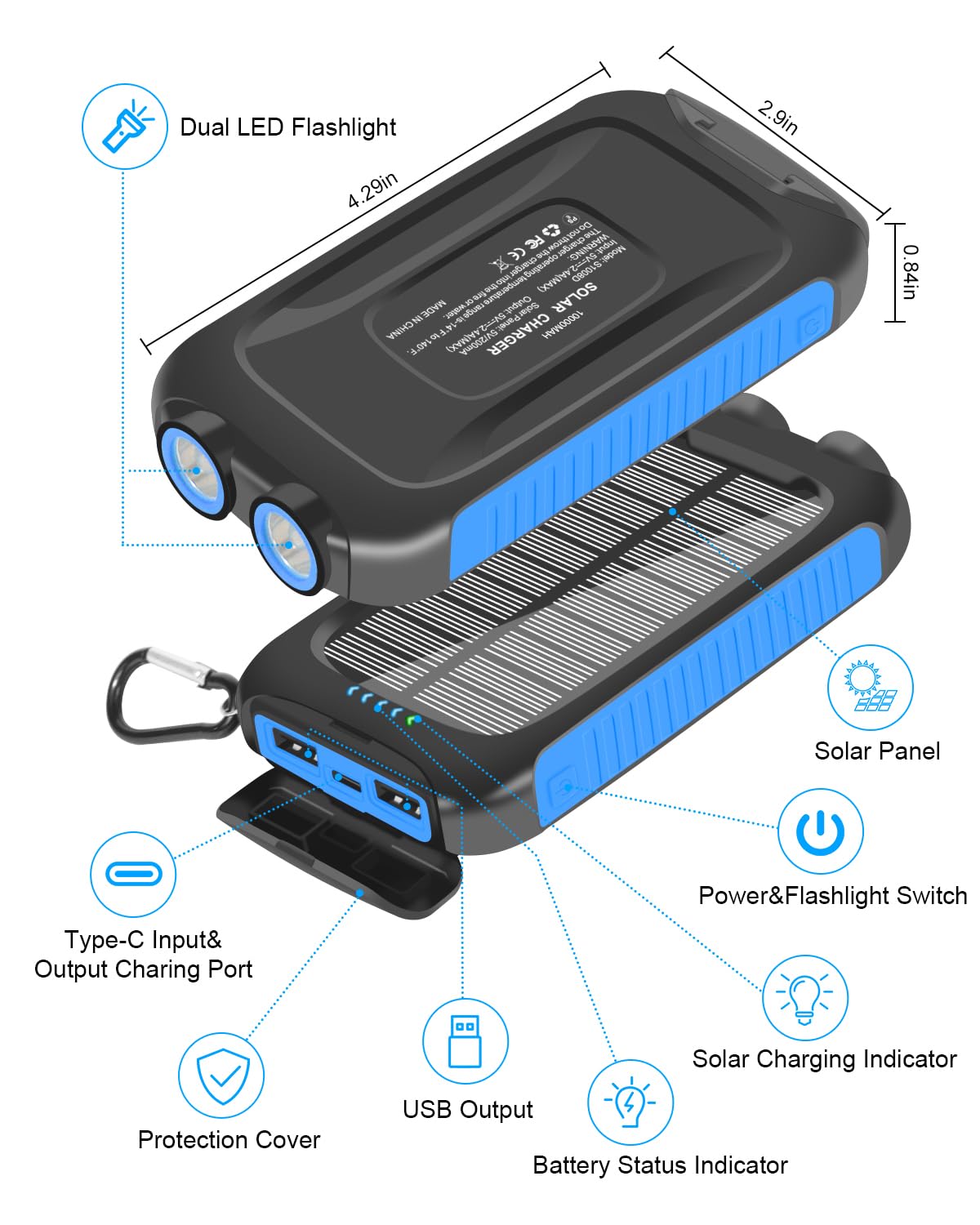Solar Power Bank 10000mAh Waterproof Fast Charge USB