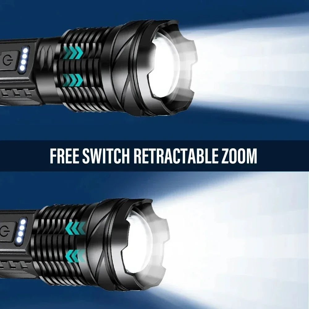Powerful LED Flashlight Type C Rechargeable Zoom Torch