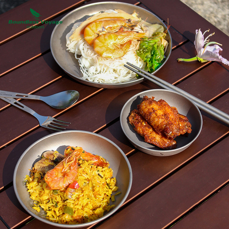 Camping Cookware: Ultralight Titanium Camping Plate Set - 3pcs Mess Kit
