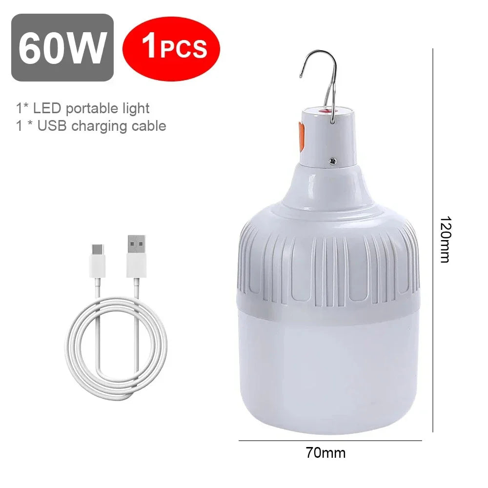 60W Camping Light USB Rechargeable LED Emergency Lamp Outdoor Portable Lanterns with Hook for BBQ Tents Battery Bulb