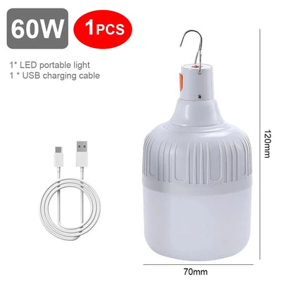 60W Camping Light USB Rechargeable LED Emergency Lamp Outdoor Portable Lanterns with Hook for BBQ Tents Battery Bulb