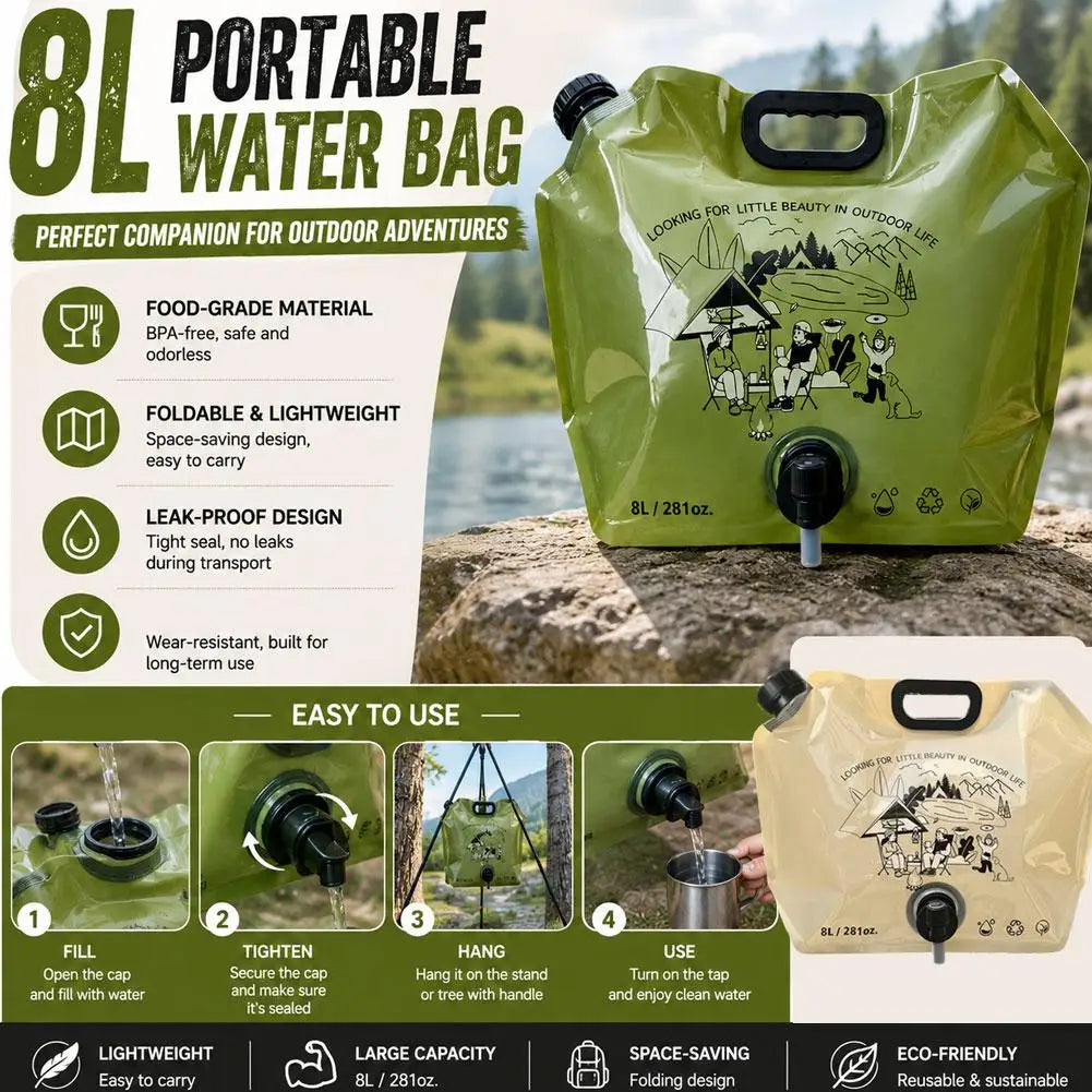 8L Outdoor Water Storage Bag Portable Foldable Drinking Water Pouch for Camping Hiking Sports Large Capacity Soft Flask with Tap