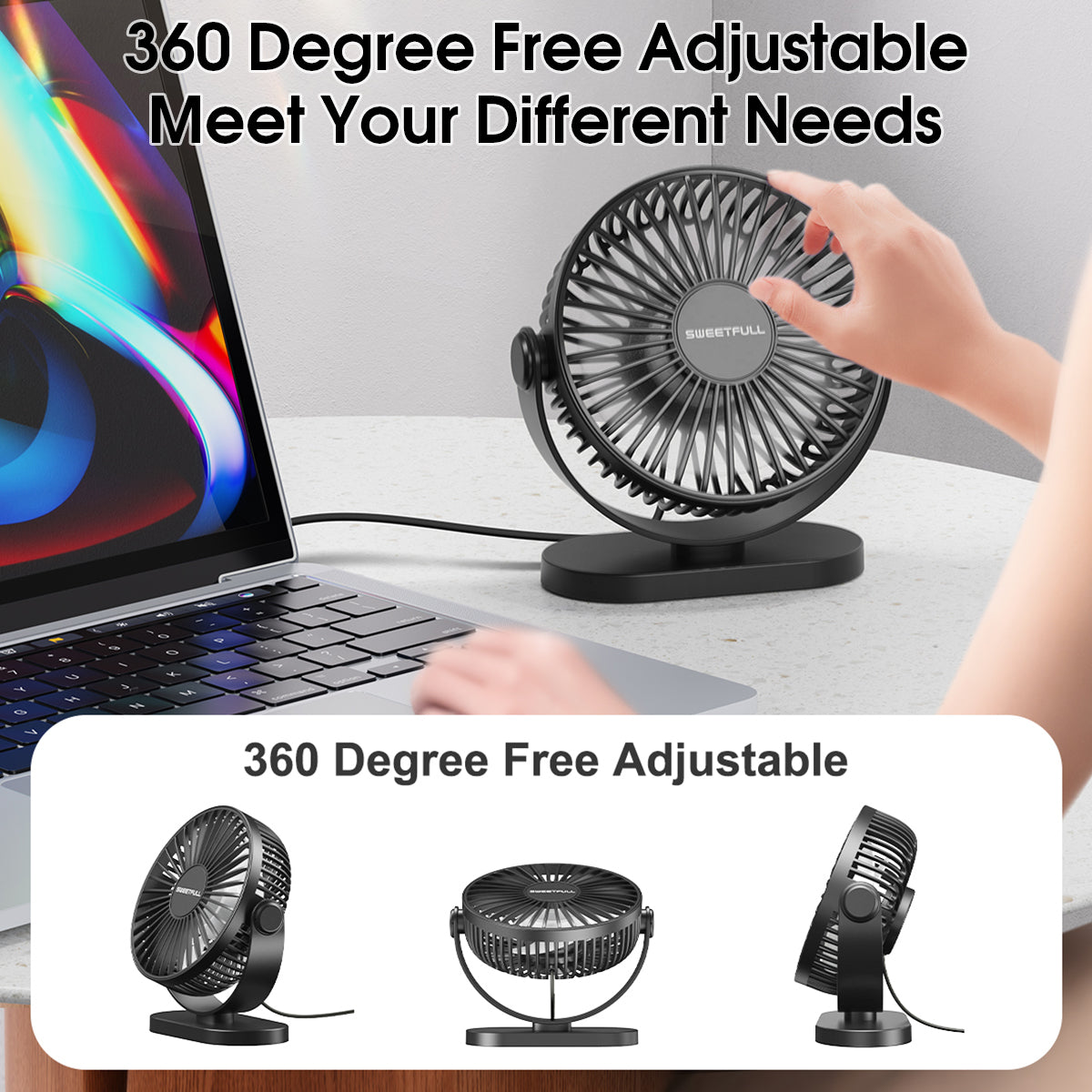 Mini USB Desk Fan: Quiet, 3-Speed, Portable for Home/Office/Camping
