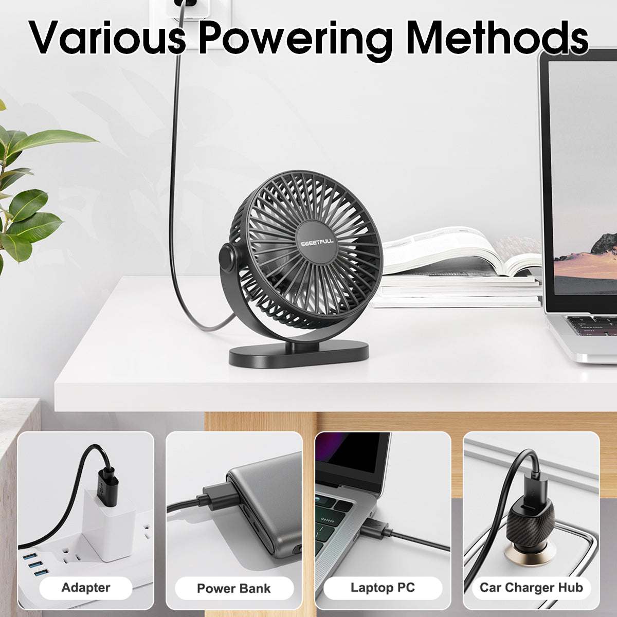 Mini USB Desk Fan: Quiet, 3-Speed, Portable for Home/Office/Camping