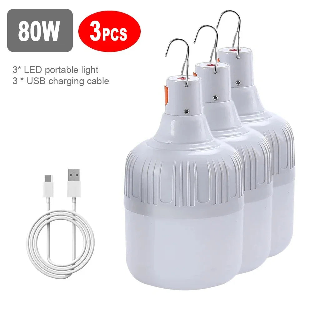 60W Camping Light USB Rechargeable LED Emergency Lamp Outdoor Portable Lanterns with Hook for BBQ Tents Battery Bulb