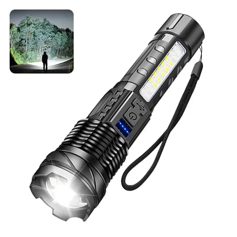 Powerful LED Flashlight Type C Rechargeable Zoom Torch
