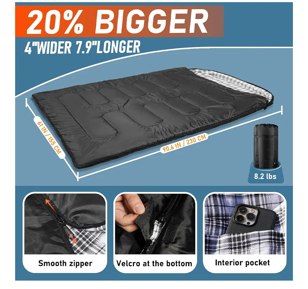 Flannel Twin Sleeping Bag - 2 Person, All-Season Camping