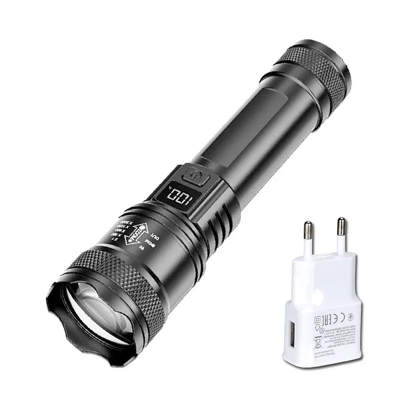 Powerful LED Flashlight Type C Rechargeable Zoom Torch
