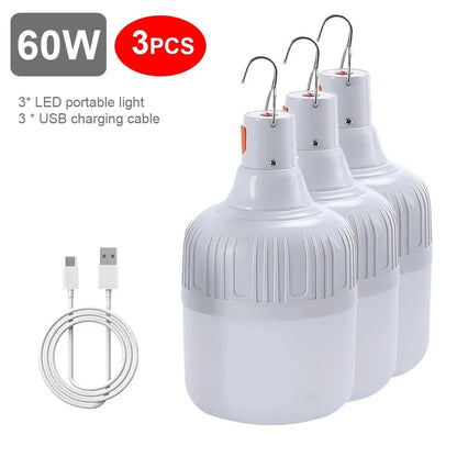 60W Camping Light USB Rechargeable LED Emergency Lamp Outdoor Portable Lanterns with Hook for BBQ Tents Battery Bulb