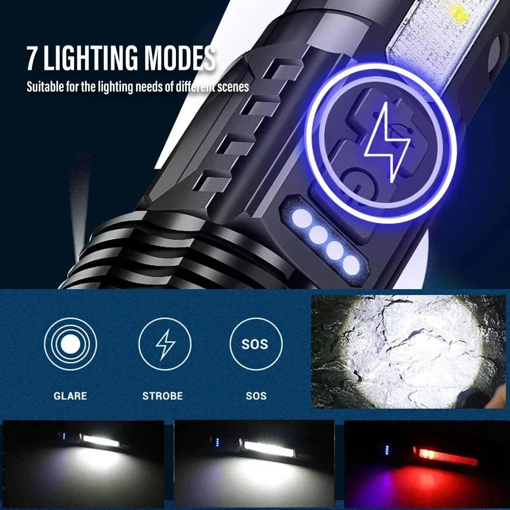 Powerful LED Flashlight Type C Rechargeable Zoom Torch