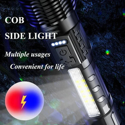 Powerful LED Flashlight Type C Rechargeable Zoom Torch