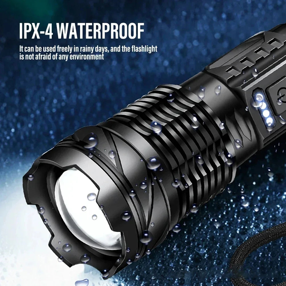 Powerful LED Flashlight Type C Rechargeable Zoom Torch