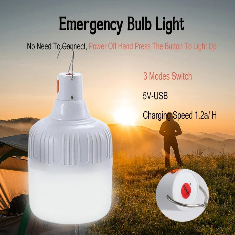 60W Camping Light USB Rechargeable LED Emergency Lamp Outdoor Portable Lanterns with Hook for BBQ Tents Battery Bulb