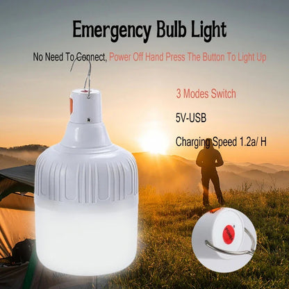 60W Camping Light USB Rechargeable LED Emergency Lamp Outdoor Portable Lanterns with Hook for BBQ Tents Battery Bulb